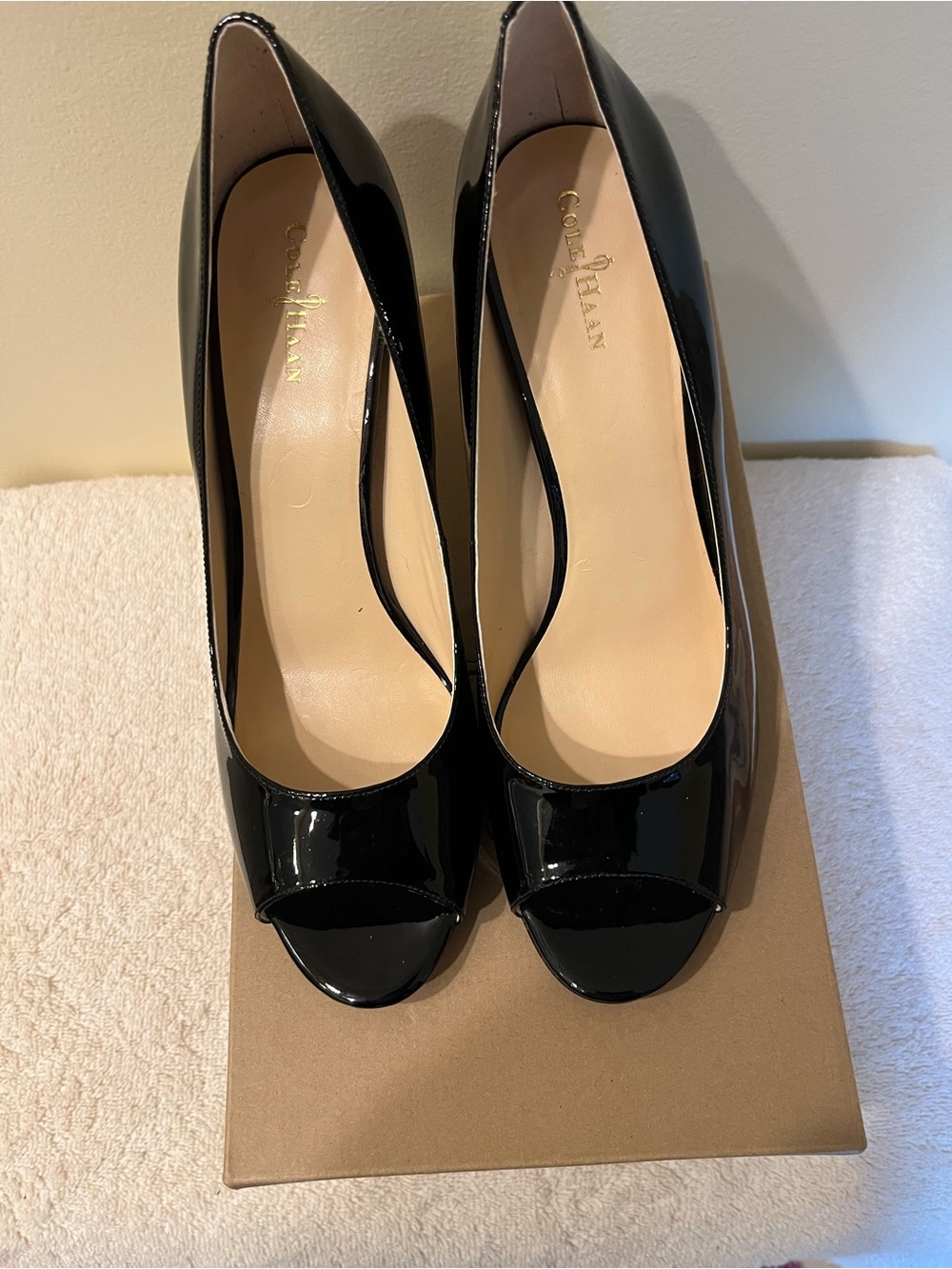 NWOT Cole Haan Black Patent Peep-Toe Heels